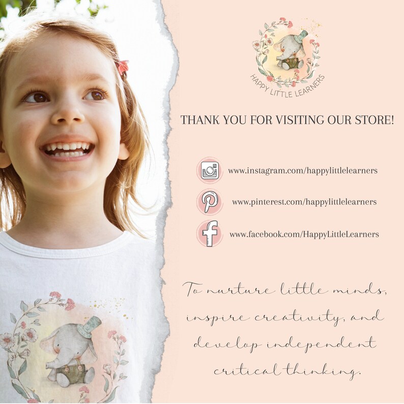 K&ouml;nnte beinhalten: Eine rosa und wei&szlig;e Grafik mit einem l&auml;chelnden Kind, das ein wei&szlig;es T-Shirt mit einer niedlichen Elefantenillustration tr&auml;gt. Die Grafik enth&auml;lt auch den Text "HAPPY LITTLE LEARNERS" und Social-Media-Links f&uuml;r Instagram, Pinterest und Facebook.