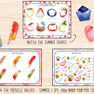 Puede incluir: Una hoja de trabajo imprimible con tres actividades de verano para ni&ntilde;os. La primera actividad es un juego de coincidencia de formas de frutas, la segunda es un juego de coincidencia de mitades de paletas de hielo y la tercera es un juego de "veo, veo".