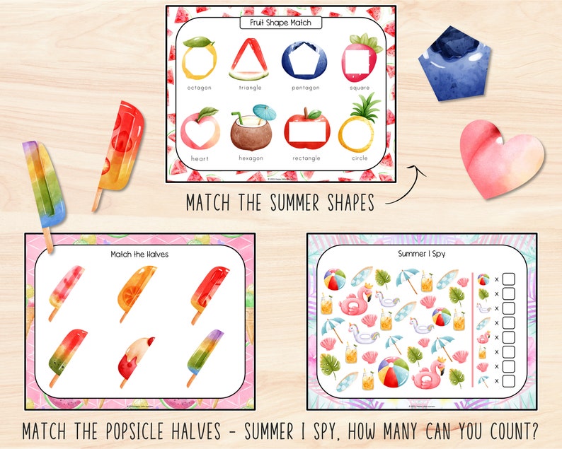 Puede incluir: Una hoja de trabajo imprimible con tres actividades de verano para ni&ntilde;os. La primera actividad es un juego de coincidencia de formas de frutas, la segunda es un juego de coincidencia de mitades de paletas de hielo y la tercera es un juego de "veo, veo".
