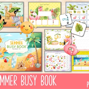 Puede incluir: Un libro de actividades de verano colorido con 35 p&aacute;ginas. La portada presenta una escena de playa con una palmera, un castillo de arena, una tabla de surf, una pelota de playa y dos ni&ntilde;os jugando en el agua. El t&iacute;tulo "SUMMER BUSY BOOK" est&aacute; escrito en una fuente divertida.