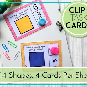 May include: A set of 14 colorful clip cards for teaching shapes. Each card features a shape and a question about the shape. The cards are designed for use with play dough or other manipulatives. The text on the cards reads "How many sides does a square have?" and "Does a square have straight sides?"