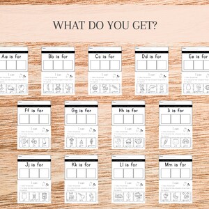 May include: Black and white printable alphabet activity for kids. Each page features a letter of the alphabet, the phrase "I can" and three images that start with that letter. The letters are A, B, C, D, E, F, G, H, I, J, K, L, and M.