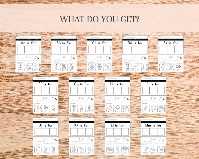 May include: Black and white printable alphabet activity for kids. Each page features a letter of the alphabet, the phrase "I can" and three images that start with that letter. The letters are A, B, C, D, E, F, G, H, I, J, K, L, and M.
