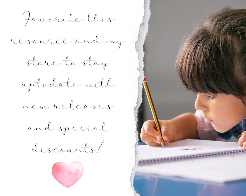 May include: A handwritten note with a pink heart on a white background. The note says "Favorite this resource and my store to stay uptodate with new releases and special discounts!"