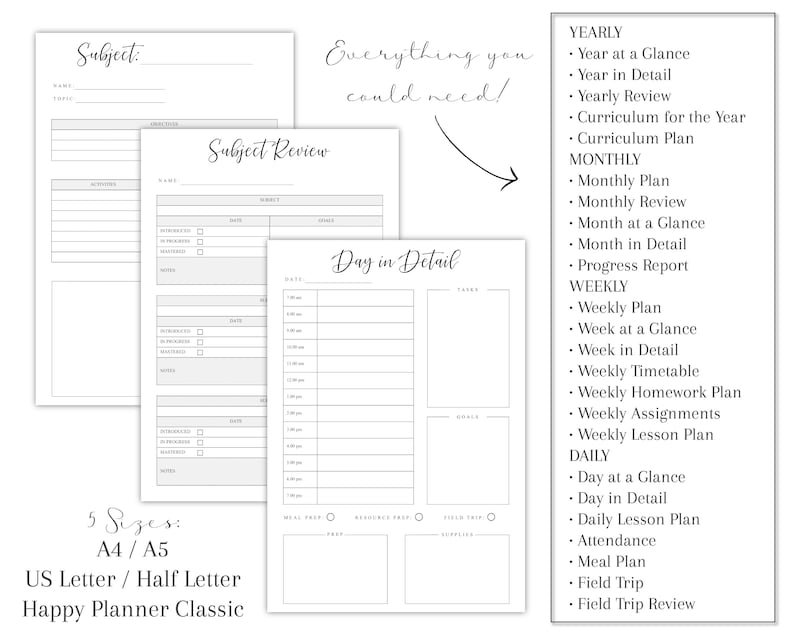 Printable Homeschool Planner, Downloadable Homeschool Organiser, Academic Lesson Planner, Happy Planner Inserts, Classic Style & Theme, Everything You Would Need