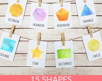 Watercolor 2D Shapes Flashcards Preschool Printables, Montessori Shape Cards, Toddler Activities, Homeschool Kindergarten Activity, PreK