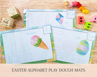 Easter Alphabet Preschool Printables Playdough Handwriting Practice, ABC Montessori Printables Homeschool, Preschool Kindergarten Activities