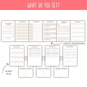 May include: A printable planner with pages for yearly planning, monthly calendars, daily schedules, goal setting, and habit tracking. The planner has a beige and white color scheme with a floral design.