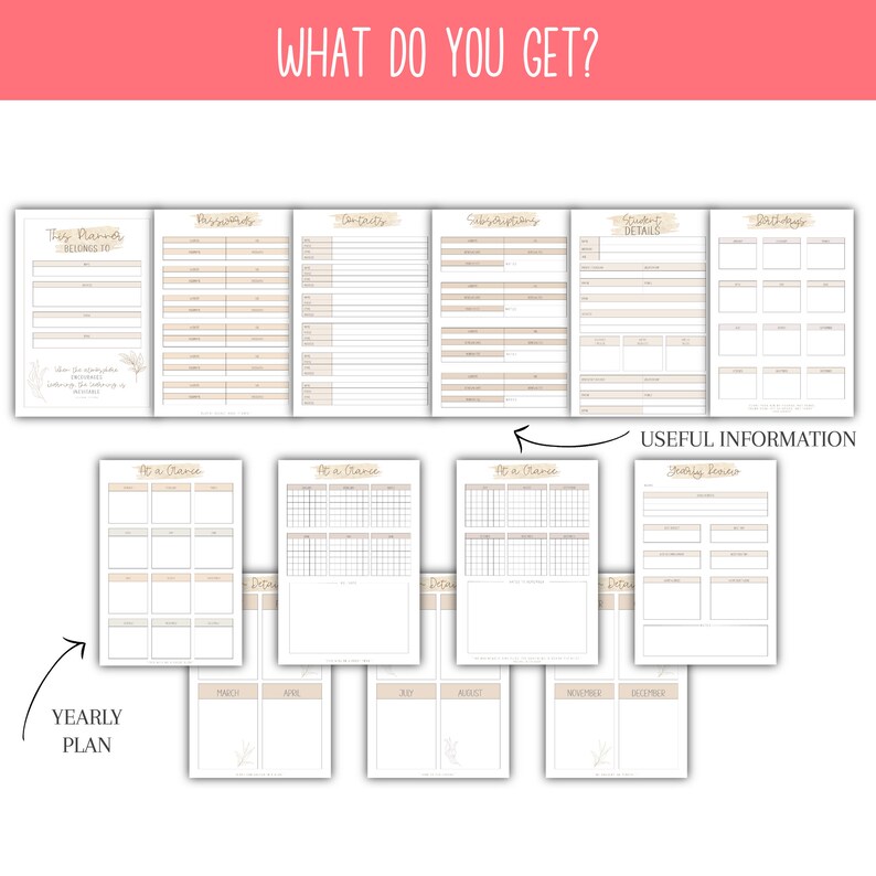 May include: A printable planner with pages for yearly planning, monthly calendars, daily schedules, goal setting, and habit tracking. The planner has a beige and white color scheme with a floral design.