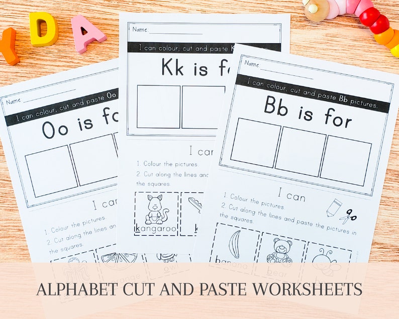 May include: Three black and white printable worksheets for kids to learn the alphabet. Each worksheet features a letter, the word "is for", and three blank boxes to color, cut, and paste pictures. The worksheets also include instructions for coloring and cutting along the lines.