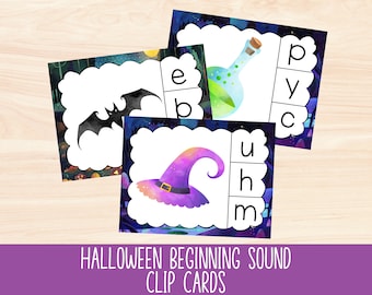 Halloween Beginning Sound Clip Cards, Fall Task Cards, Fun Toddler Learning Matching Activities, Halloween Homeschool Quiet Time Printable