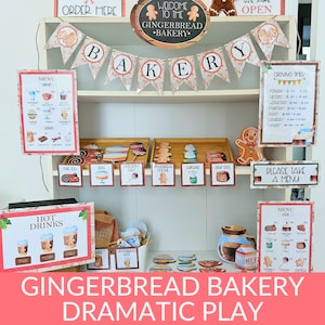 May include: A gingerbread bakery play set with a wooden shelf, a cash register, and various gingerbread-themed props. The set includes a menu with gingerbread cookies, gingerbread men, and gingerbread houses. The sign above the shelf reads "Welcome to the Gingerbread Bakery".