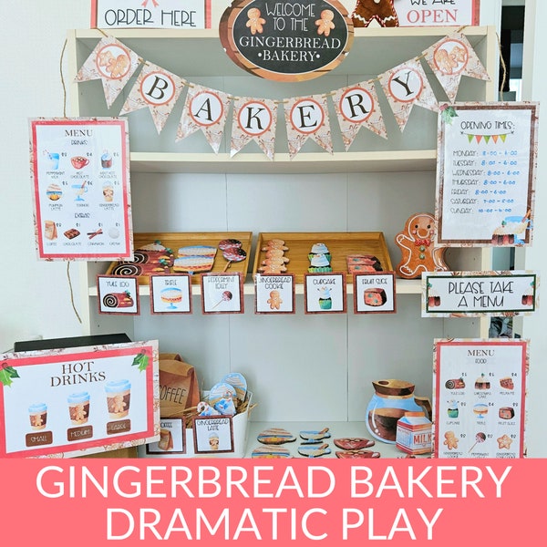 Christmas Gingerbread Bakery Dramatic Play, Printable Pretend Playset, Toddler Coffee Shop Role Play, Homeschool Imaginative Play Activities