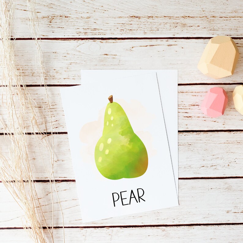 May include: A watercolor illustration of a green pear with white spots on a white background. The word "PEAR" is written in black below the pear.
