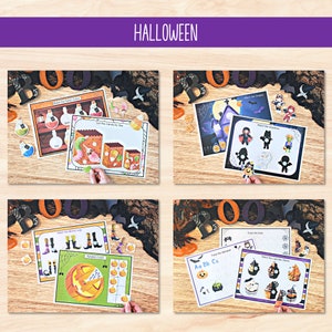 K&ouml;nnte beinhalten: Vier druckbare Halloween-Aktivit&auml;tsbl&auml;tter f&uuml;r Kinder. Die Bl&auml;tter beinhalten Aktivit&auml;ten wie das Zuordnen von Zaubertrankfarben, das Sortieren von S&uuml;&szlig;igkeiten nach Gr&ouml;&szlig;e, das Zuordnen von Formen, das Nachzeichnen von Linien, das Zuordnen von Cupcake-Geschmacksrichtungen und das Z&auml;hlen von K&uuml;rbissen.
