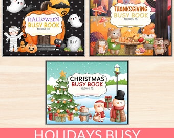 Holiday Busy Book Printables, Set of 3 Homeschool Toddler Busy Books, Halloween, Thanksgiving, Christmas Quiet Book For Kids, PreK Activity
