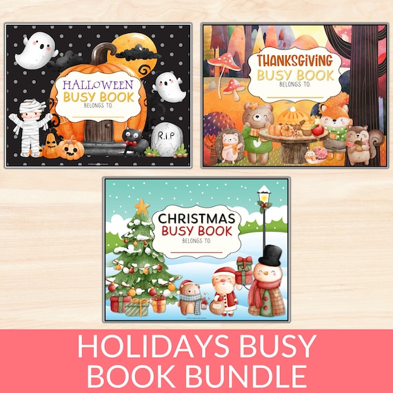 Holiday Busy Book Printables, Set of 3 Homeschool Toddler Busy Books, Halloween, Thanksgiving, Christmas Quiet Book For Kids, PreK Activity