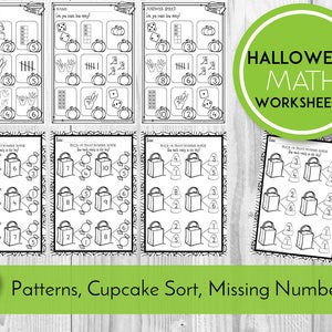 May include: Black and white printable Halloween math worksheets for kids. The worksheets feature pumpkins, candy corn, and trick-or-treat bags. The worksheets include patterns, cupcake sort, and missing numbers.