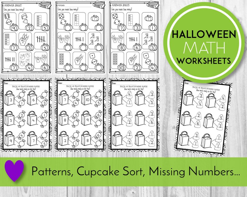 May include: Black and white printable Halloween math worksheets for kids. The worksheets feature pumpkins, candy corn, and trick-or-treat bags. The worksheets include patterns, cupcake sort, and missing numbers.