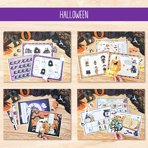K&ouml;nnte beinhalten: Ein Satz druckbarer Halloween-Bildungsaktivit&auml;ten f&uuml;r Kinder. Die Aktivit&auml;ten beinhalten Zuordnungs- und Z&auml;hlspiele sowie ein Puzzle. Die Aktivit&auml;ten zeigen Bilder von Geistern, Hexen, K&uuml;rbissen und anderen Halloween-Charakteren.