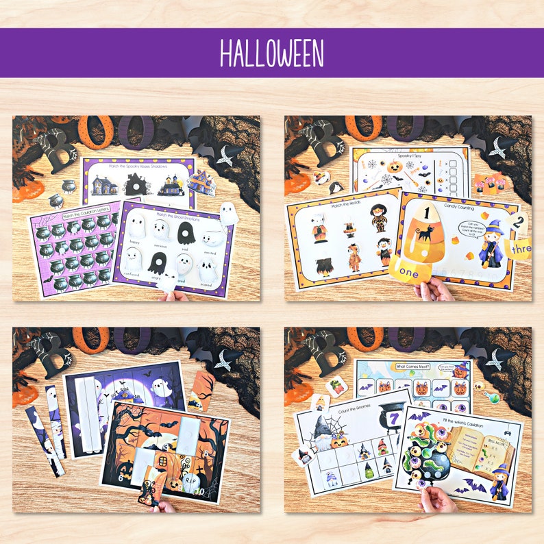 K&ouml;nnte beinhalten: Ein Satz druckbarer Halloween-Bildungsaktivit&auml;ten f&uuml;r Kinder. Die Aktivit&auml;ten beinhalten Zuordnungs- und Z&auml;hlspiele sowie ein Puzzle. Die Aktivit&auml;ten zeigen Bilder von Geistern, Hexen, K&uuml;rbissen und anderen Halloween-Charakteren.