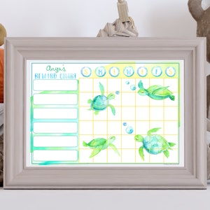 May include: Aya's Reward Chart with a green, blue, and yellow color scheme. The chart has a grid with days of the week labeled at the top. There are four green sea turtles with blue accents and bubbles. The chart is framed in a light gray frame.