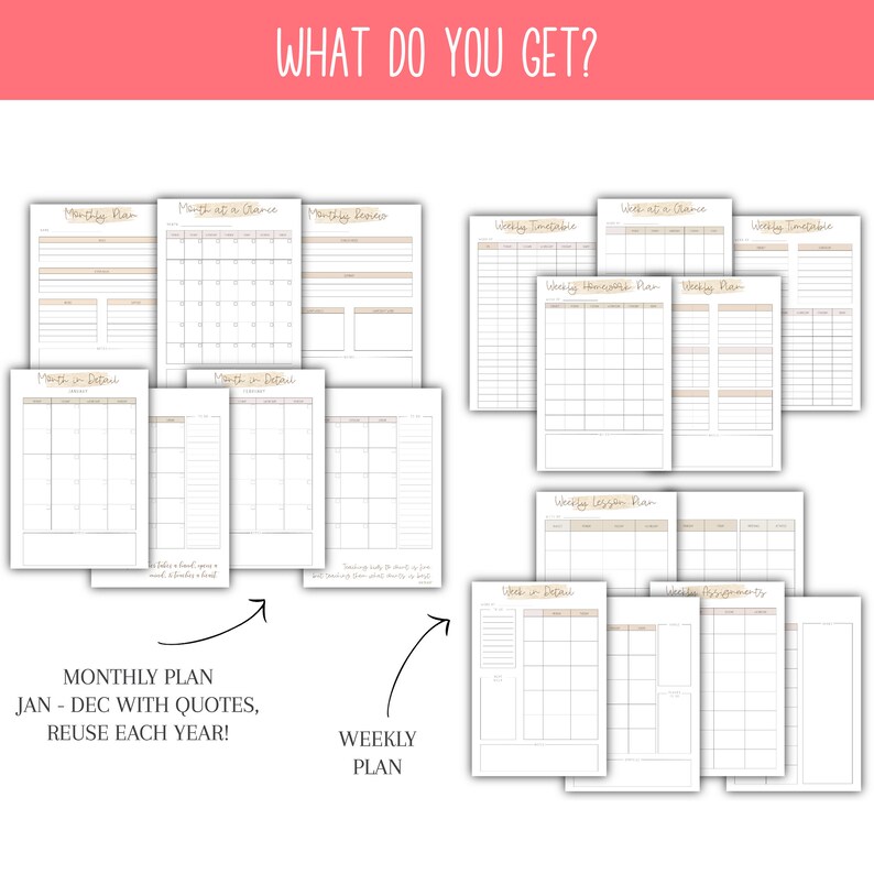 May include: A printable planner set with monthly and weekly pages. The monthly pages include space for quotes and are designed to be reusable each year. The weekly pages include a timetable, a forecast plan, a lesson plan, and a weekly overview.