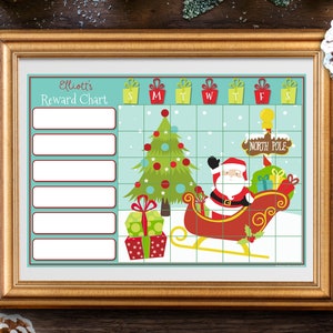 May include: A printable Christmas reward chart with a Santa Claus illustration. The chart features a grid with days of the week and spaces for rewards. The text "Elliott's Reward Chart" is at the top of the chart.