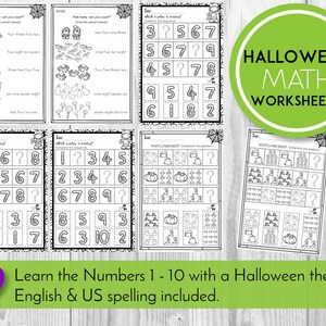 May include: Black and white printable Halloween math worksheets for kids. The worksheets feature a variety of Halloween-themed images, such as pumpkins, ghosts, bats, and witches. The worksheets include activities such as counting, number sequencing, and pattern recognition. Learn the Numbers 1-10 with a Halloween theme! English & US spelling included.