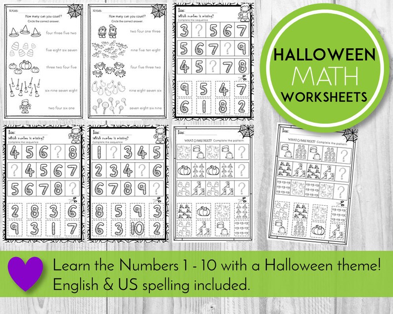 May include: Black and white printable Halloween math worksheets for kids. The worksheets feature a variety of Halloween-themed images, such as pumpkins, ghosts, bats, and witches. The worksheets include activities such as counting, number sequencing, and pattern recognition. Learn the Numbers 1-10 with a Halloween theme! English & US spelling included.