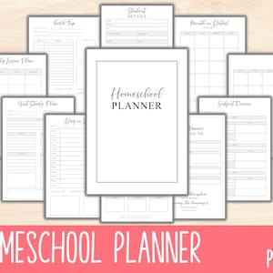 May include: A black and white printable homeschool planner with 117 pages. The planner includes pages for weekly lesson plans, unit study plans, field trips, student details, month in detail, day in, and subject review.