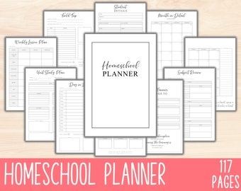 May include: A black and white printable homeschool planner with 117 pages. The planner includes pages for weekly lesson plans, unit study plans, field trips, student details, month in detail, day in, and subject review.