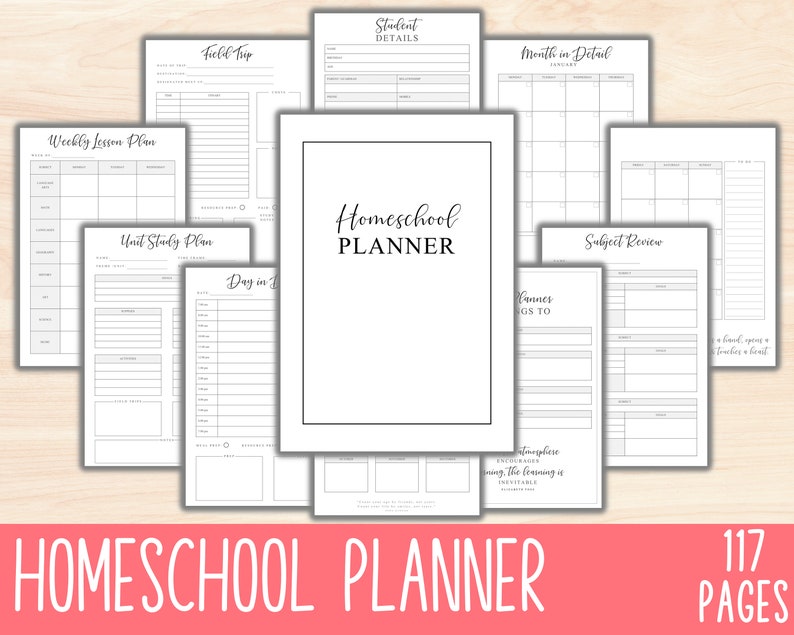 May include: A black and white printable homeschool planner with 117 pages. The planner includes pages for weekly lesson plans, unit study plans, field trips, student details, month in detail, day in, and subject review.
