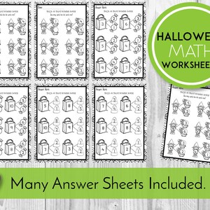 May include: Black and white printable Halloween math worksheets for kids. The worksheets feature trick or treat themed counting activities. The text on the worksheets reads "Trick or Treat Number Bonds. How many treats are in the witch's bag?"