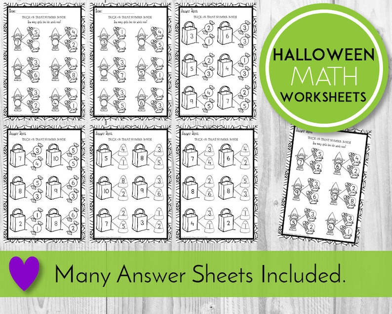 May include: Black and white printable Halloween math worksheets for kids. The worksheets feature trick or treat themed counting activities. The text on the worksheets reads "Trick or Treat Number Bonds. How many treats are in the witch's bag?"