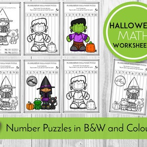 May include: Black and white printable Halloween math worksheets featuring Frankenstein, a witch, a ghost, and a cat. The worksheets include a number puzzle with numbers 1 through 10. The text "HALLOWEEN MATH WORKSHEETS" is in a green circle at the top of the image. The text "Number Puzzles in B&W and Colour!" is at the bottom of the image.