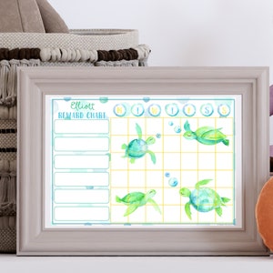 May include: A blue and green printable reward chart with a sea turtle theme. The chart is labeled "Elliott Reward Chart" and has a grid with days of the week labeled. There are four sea turtles with bubbles.