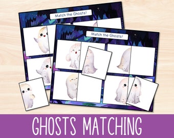 Puede incluir: Dos tarjetas de juego de memoria de Halloween imprimibles con una variedad de lindos fantasmas con diferentes patrones. Las tarjetas dicen "Match the Ghosts!" en la parte superior.