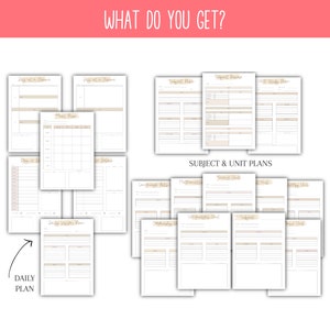May include: A set of printable teacher planner pages with a beige and white color scheme. The pages include a daily lesson plan, a day at a glance, a meal plan, a subject plan, and a unit study plan.
