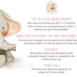 Puede incluir: Una descarga digital imprimible de un lindo elefante de dibujos animados con un mono. El texto en la imagen dice "Este es un producto no editable. Los archivos vienen en tama&ntilde;o US Letter (8.5" x 11") y A4. Imprime en casa o en una tienda de impresi&oacute;n local. Me gusta laminar las piezas para mayor durabilidad! Ten en cuenta que los colores pueden variar de la pantalla a la impresi&oacute;n. No se aceptan devoluciones ni cambios en las descargas digitales de Etsy, pero ponte en contacto conmigo si tienes alguna pregunta. Copyright. Este producto no se puede modificar, revender, renombrar, compartir, copiar o cargar en Internet. &iexcl;Gracias! Si tienes alguna pregunta, ponte en contacto conmigo, &iexcl;me encantar&iacute;a ayudarte!"