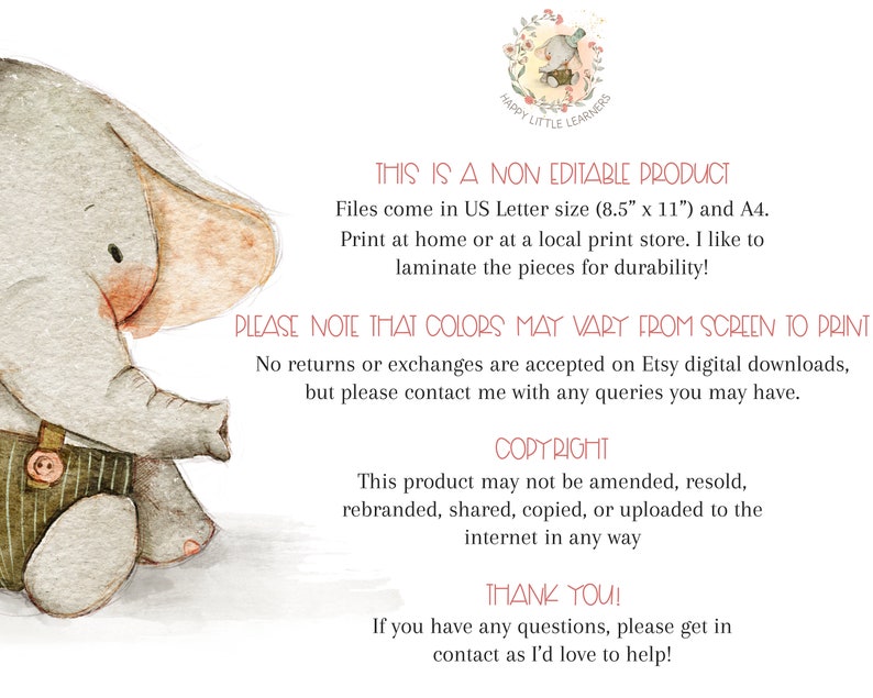Puede incluir: Una descarga digital imprimible de un lindo elefante de dibujos animados con un mono. El texto en la imagen dice "Este es un producto no editable. Los archivos vienen en tama&ntilde;o US Letter (8.5" x 11") y A4. Imprime en casa o en una tienda de impresi&oacute;n local. Me gusta laminar las piezas para mayor durabilidad! Ten en cuenta que los colores pueden variar de la pantalla a la impresi&oacute;n. No se aceptan devoluciones ni cambios en las descargas digitales de Etsy, pero ponte en contacto conmigo si tienes alguna pregunta. Copyright. Este producto no se puede modificar, revender, renombrar, compartir, copiar o cargar en Internet. &iexcl;Gracias! Si tienes alguna pregunta, ponte en contacto conmigo, &iexcl;me encantar&iacute;a ayudarte!"