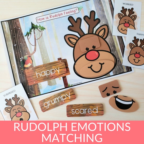 Christmas Rudolph Emotions Toddler Matching Activity, Prek Kids Fun Reindeer Matching Game, Holiday Homeschool Educational Printable