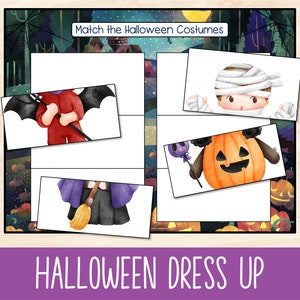 May include: A printable Halloween matching game with four different costumes: a devil, a witch, a mummy, and a pumpkin. The game is titled "Match the Halloween Costumes".