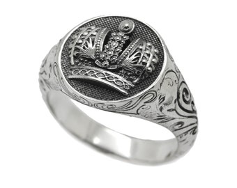 Heraldry Crown and Patterns Sterling Silver 925 Mens Ring Signet