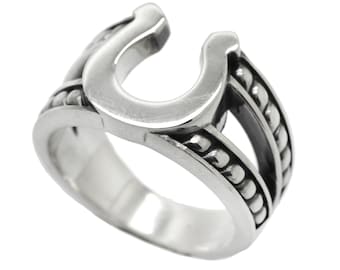 Lucky Horseshoe Justified Mens Signet Ring – Chunky Sterling Silver Mens Ring with Braided Rope – Protection Ring for Men