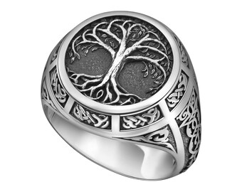 Anillo del Árbol de la Vida • Anillo Vikingo Celta para Hombre • Anillo de Sello Nórdico • Anillo Grueso de Joyería Irlandesa • Anillo Personalizado para Hombre