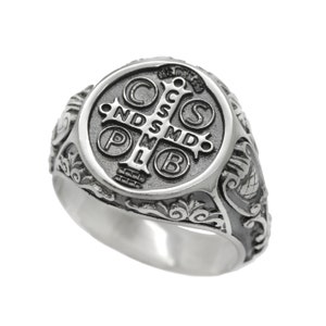 Saint Benedict Ring Men, Catholic Exorcism Mens Signet Ring, St. Benedict Medal, Religious Jewelry, Pinky Sterling Silver Ring, Gift for Him