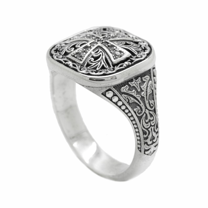 Orthodox Christian men's signet ring available in sterling silver or with a gold cross on top. Antique religious jewelry with engraved inner band. A symbolic gift for men of faith, ideal for baptism, wedding, or spiritual milestones. Inspired by Orthodox and Catholic traditions with personalized engraving options.