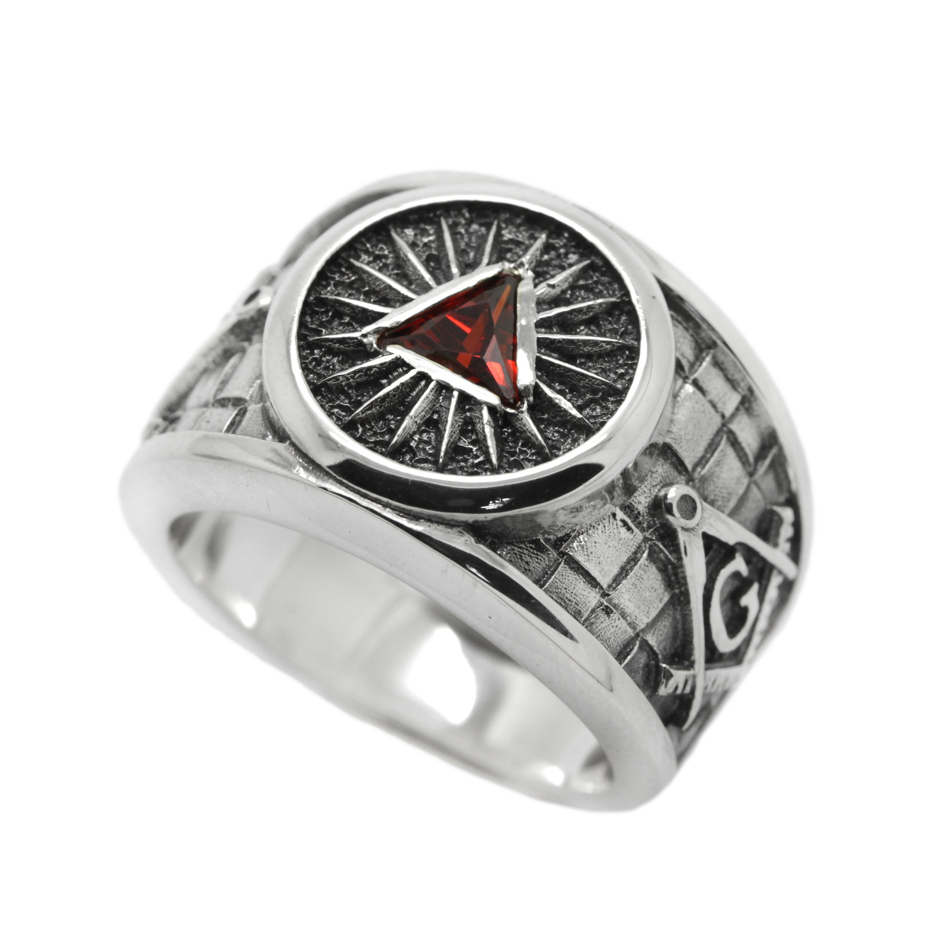 Triangle Zirconia Masonic Mens Ring Band, Eye of Providence,  Sterling Silver 925 Ring for Men
