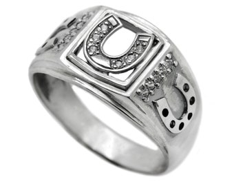 Lucky Horseshoe Mens Ring Signet with Raw Gemstones Sterling Silver